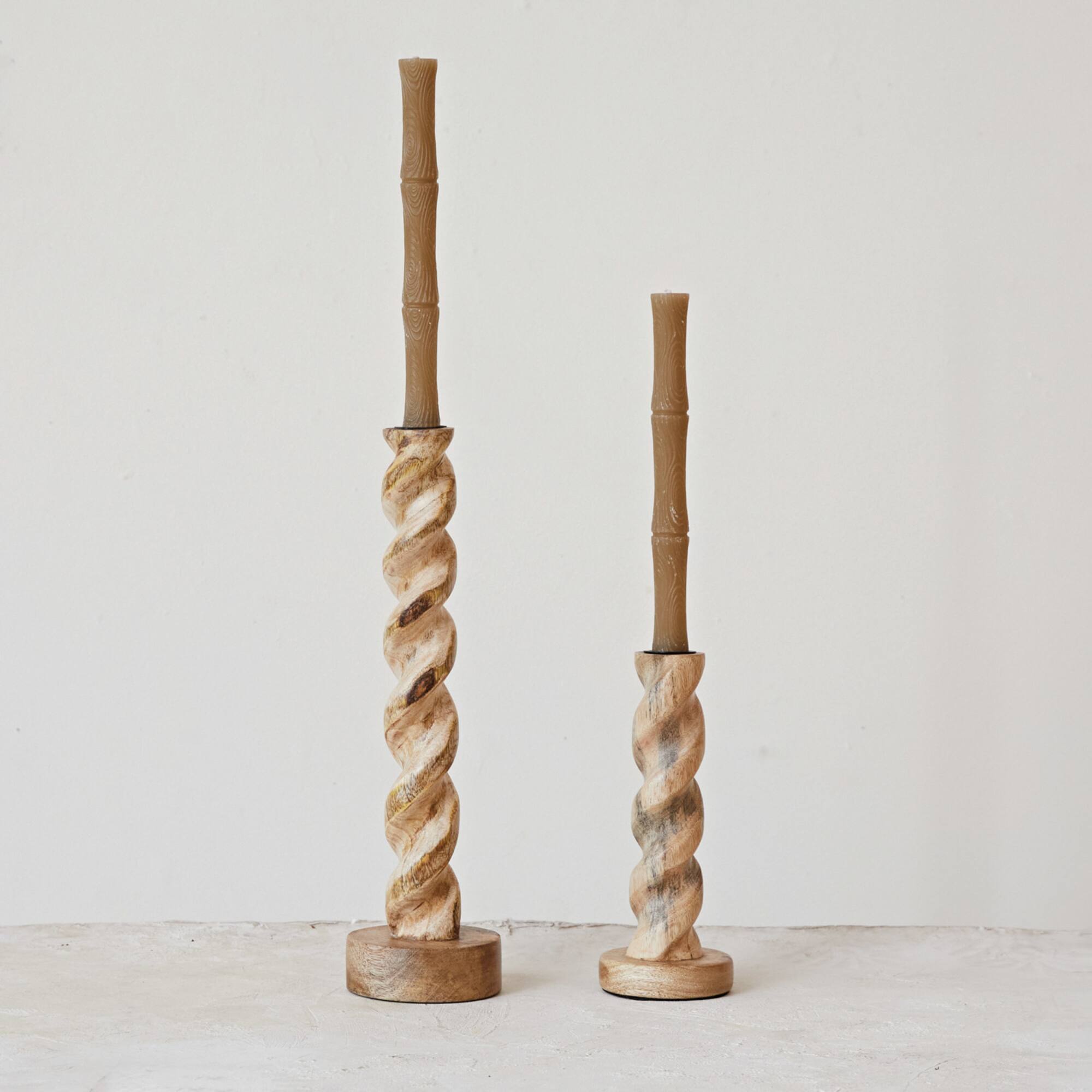 Hello Honey® 14" Tall Natural Hand-Carved Mango Wood Twisted Taper Candle Holder